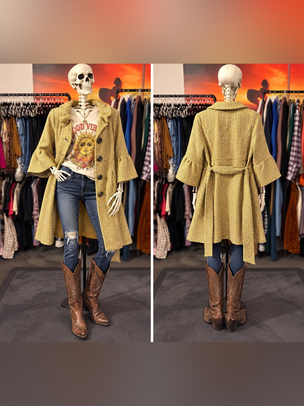 AND Mustard Tweed Bell-Sleeve Coat with Waist Tie